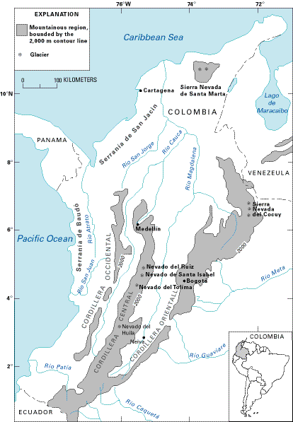 Location of glaciers in Colombia