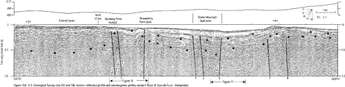 10. U.S. Geological Survey Line 167 and 168, seismic-reflection profile and aeromagnetic profile, eastern Strait of Juan de Fuca - Interpreted