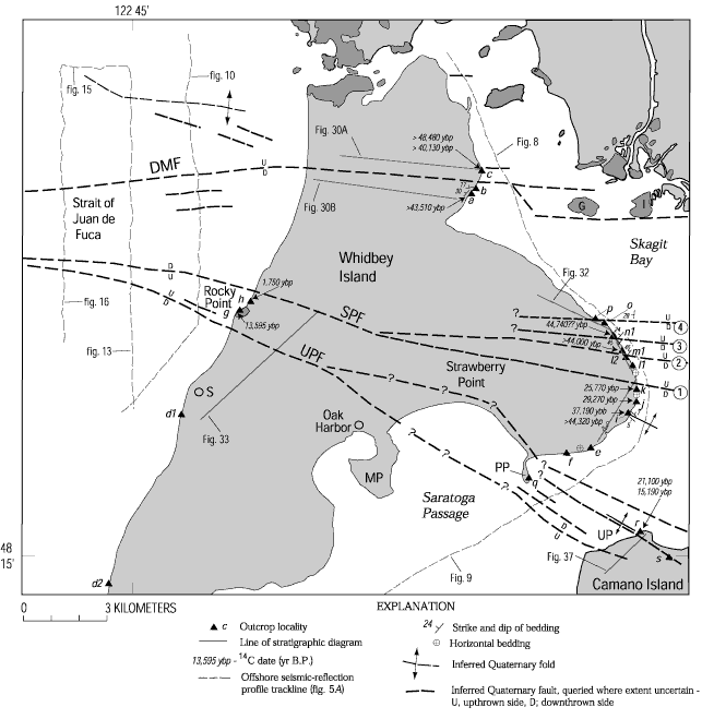 27. Map of northern Whidbey Island area showing locations of key outcrop localities, radiocarbon dates, nearby seismic-reflection profiles, and faults and folds that deform Quaternary deposits