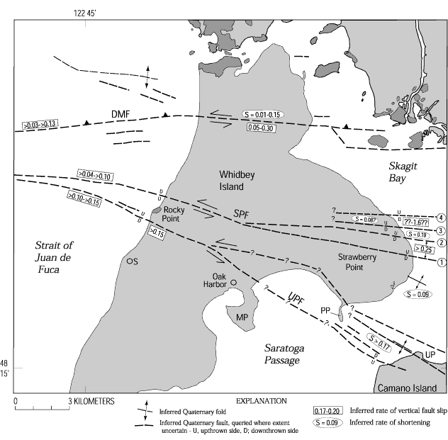 38. Map of northern Whidbey Island area showing location of faults and folds that deform Quaternary deposits, inferred rate of vertical fault-slip, and shortening rates