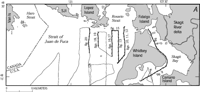 Figure 5. Locations of tracklines in eastern Strait of Juan de Fuca for A, 1995 U.S. Geological Survey high-resolution, seismic-reflection survey;