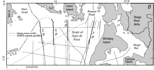 Figure 5. Locations of tracklines in eastern Strait of Juan de Fuca for B industry, SHIPS (Fisher and others, 1999), and Puget Power (1979) conventional seismic-reflection surveys