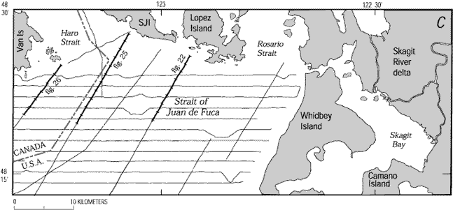 Figure 5. Locations of tracklines in eastern Strait of Juan de Fuca for C, 1996 Geological Survey of Canada high-resolution, seismic-reflection survey.