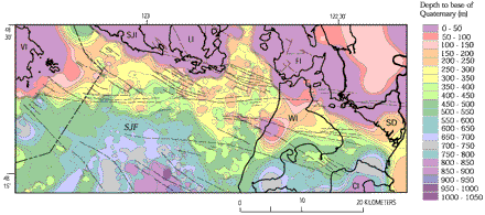 Figure 7. Map showing depth to base of uppermost Pliocene(?) to Pleistocene strata based on outcrops and interpretation of seismic-reflection data, eastern Strait of Juan de Fuca region