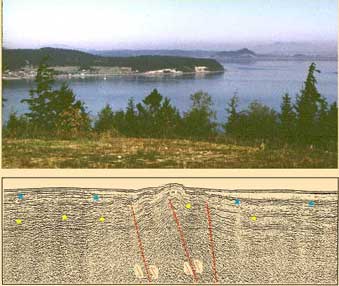 Image of Cover - photo view of Strawberry Point at Skagit Bay looking north from Camano Island, the seismic profile is from the eastern Straight of Juan de Fuca