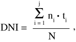 DNI equals the summation of the quantity n sub i multiplied by t sub i, from i equals 1 to i equals j, divided by N.