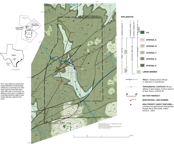 Figure 1. Map showing outcropping hydrogeologic subdivisions and lower member of the Glen Rose Limestone, Camp Stanley Storage Activity and immediately adjacent area, Bexar County, Texas.