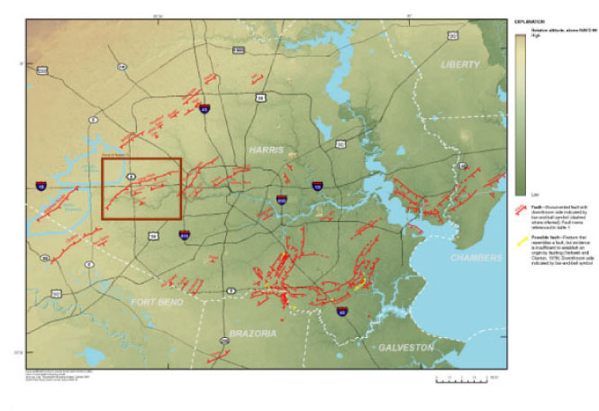 Figure 2. Principal faults in the Houston metropolitan area as observed from 15-foot bare-earth Lidar-derived digital elevation model (DEM).