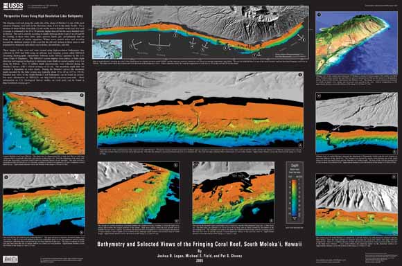 poster showing nine views of the bathymetry with depth given in different colors