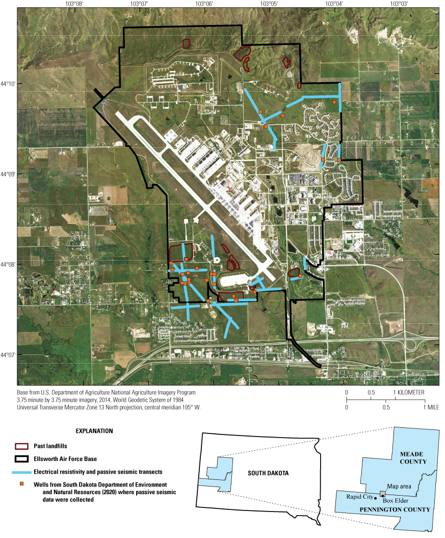 Electrical resistivity and passive seismic transects and past landfills from operations
                     at Ellsworth Air Force Base.