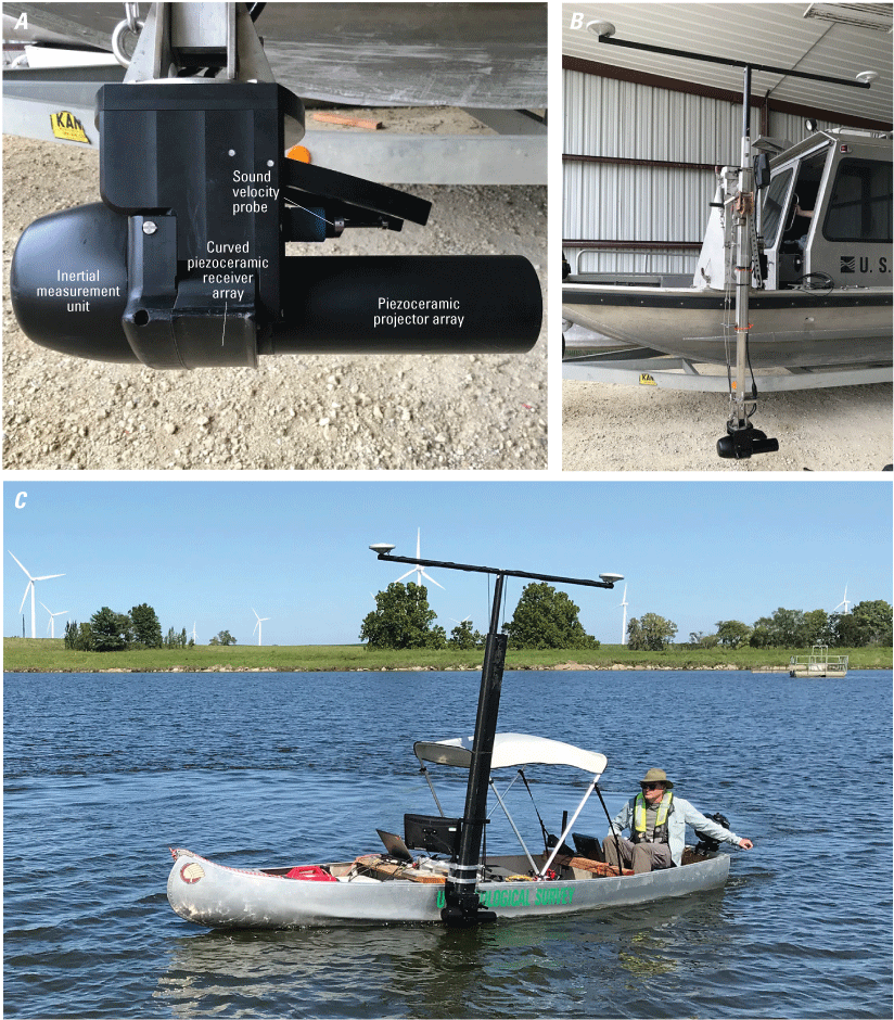 Side profile of the echosounder, the boat in a metal building, and a USGS employee
                        in a canoe.