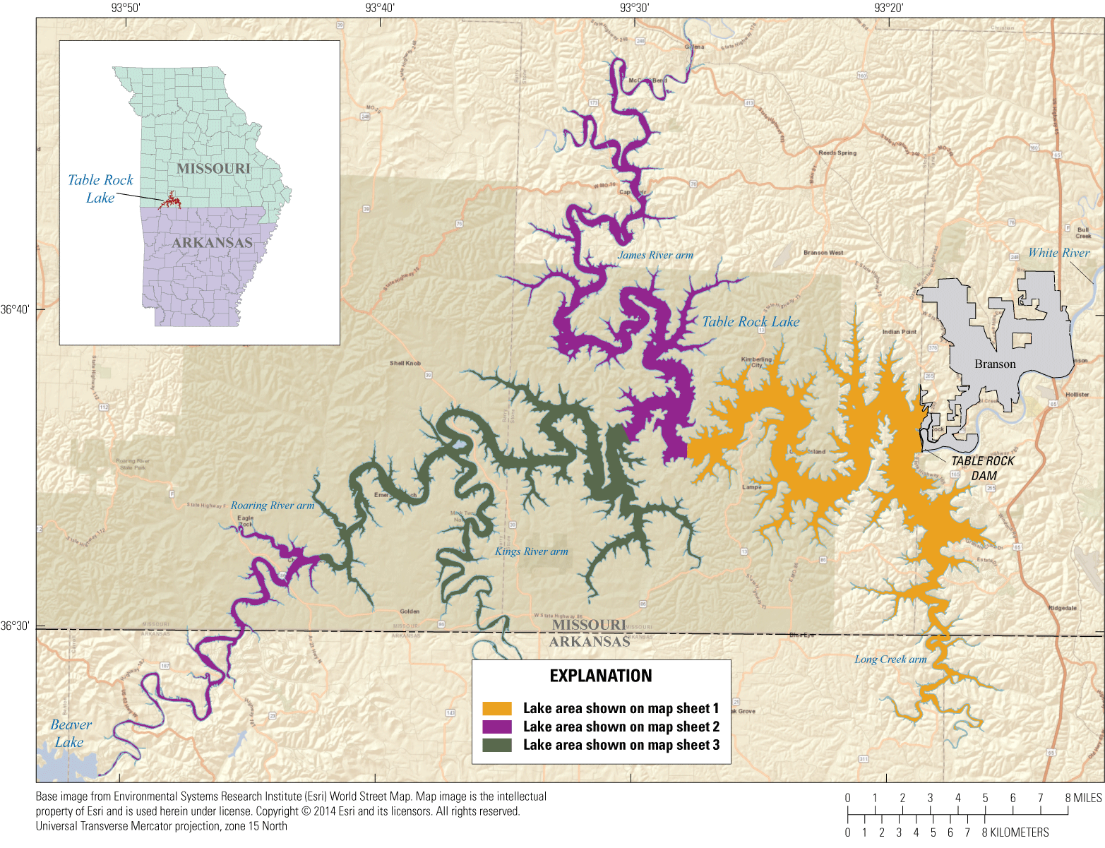 Map showing Table Rock Lake, extending from southwestern Missouri to northwestern
                     Arkansas.