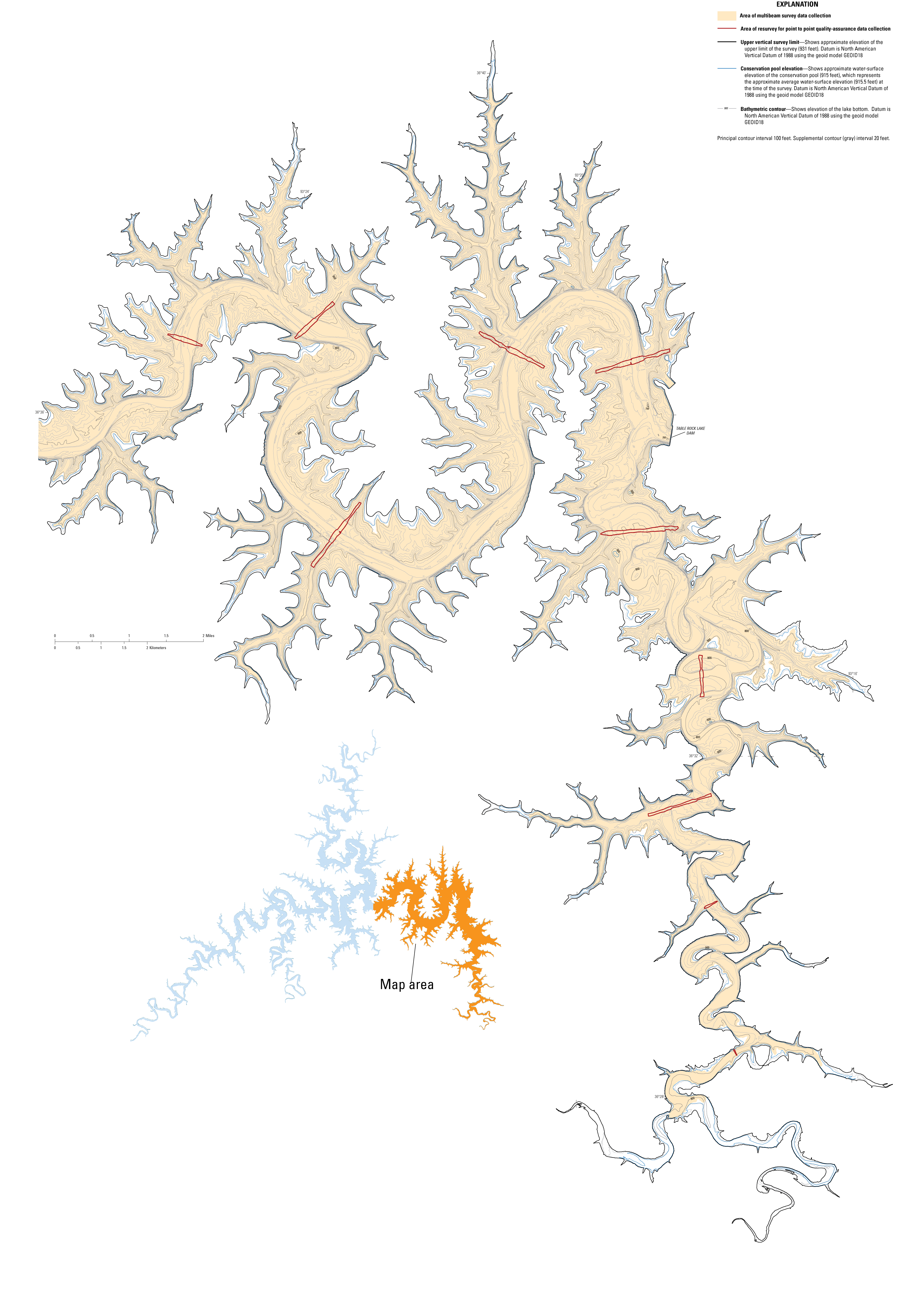 Contour map of Table Rock Lake showing upper vertical survey limit, conservation pool
                        elevation, and bathymetric contours.