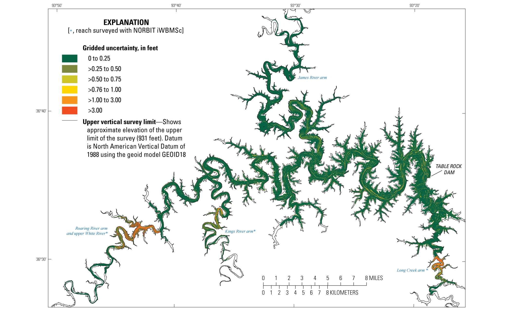 Distribution of uncertainty, ranging from 0 to >3.00 feet, at Table Rock Lake near
                        Branson, Missouri.