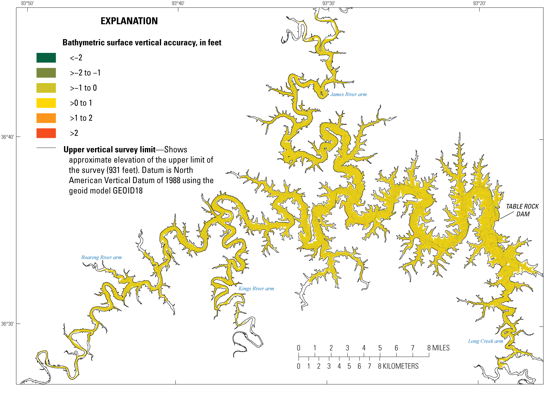 Distribution of vertical accuracy, ranging from <−2 to >2 feet, at Table Rock Lake
                     near Branson, Missouri.