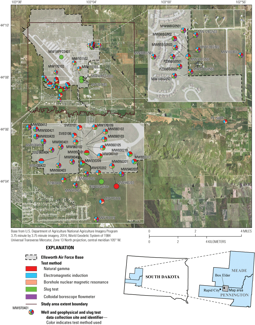 Map showing wells in the study area and the methods used at each site. Methods include
                     natural gamma logging, electromagnetic induction logging (electrical resistivity and
                     electrical conductivity), borehole nuclear magnetic resonance logging, slug tests,
                     and colloidal borescope flow meter.