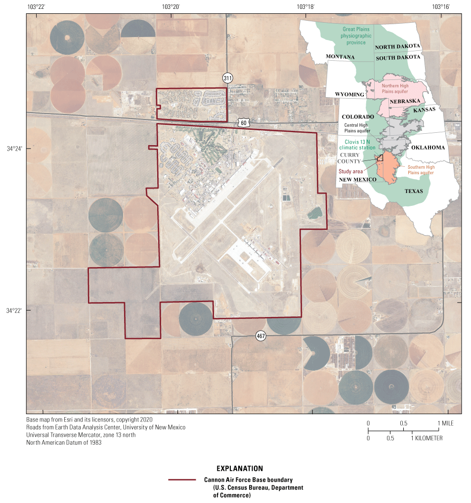 Map showing study area, Cannon Air Force Base, Southern High Plains aquifer, Curry
                     County, and climatic station.
