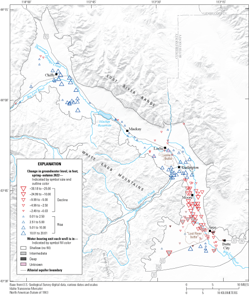 Groundwater levels generally rose in the northern half of the study area and declined
                     in the southern half of the study area.