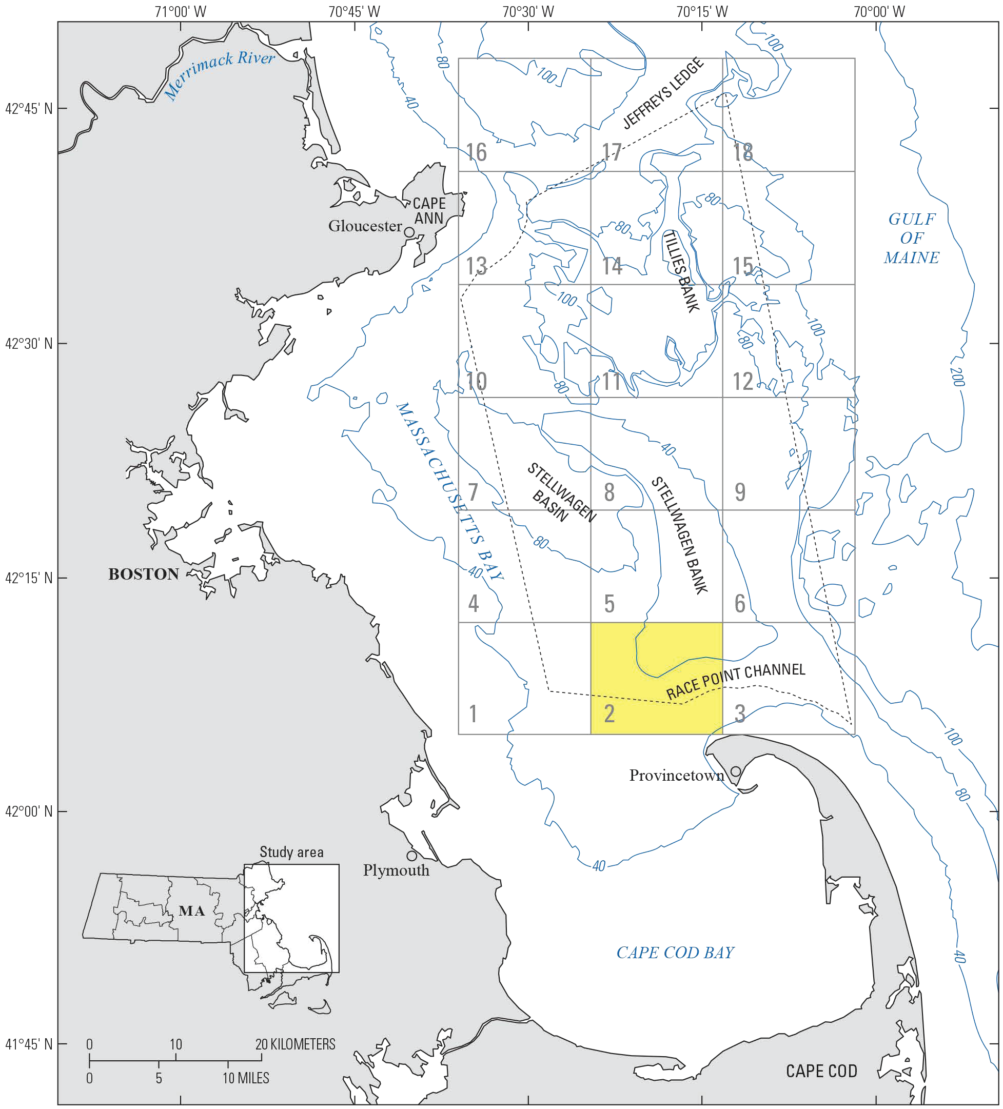 Quadrangle 2 includes parts of Stellwagen Bank, Stellwagen Basin, Little Stellwagen
                     Basin, and Race Point Channel.