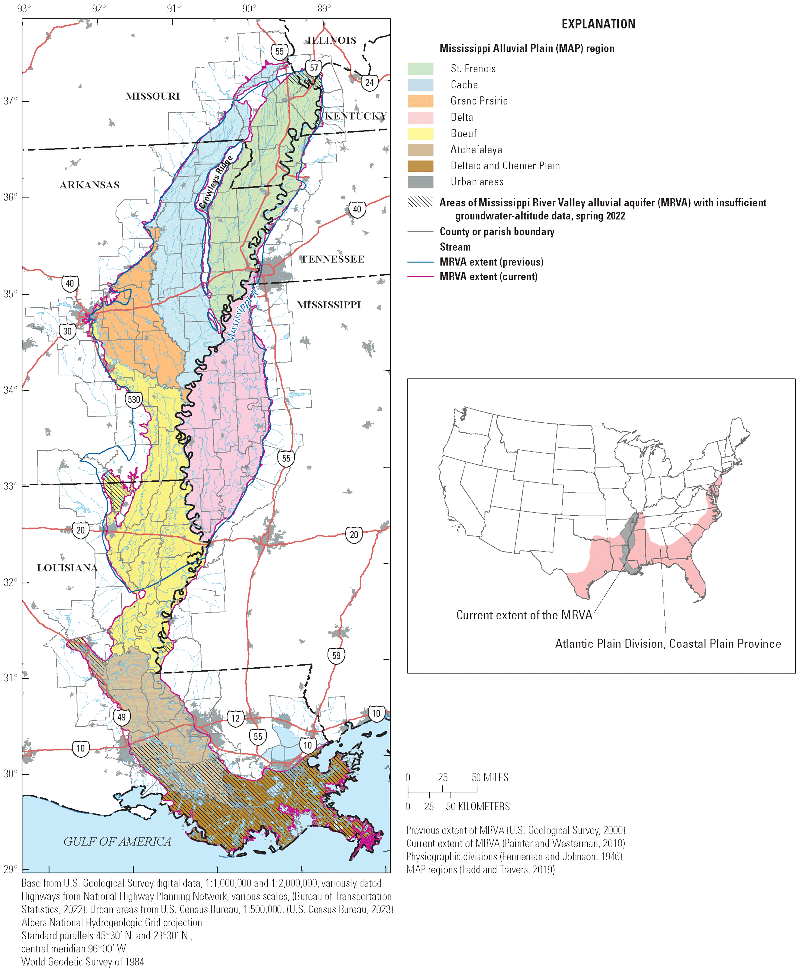 Map of the boundary the Mississippi River Valley alluvial aquifer (also known as MRVA)