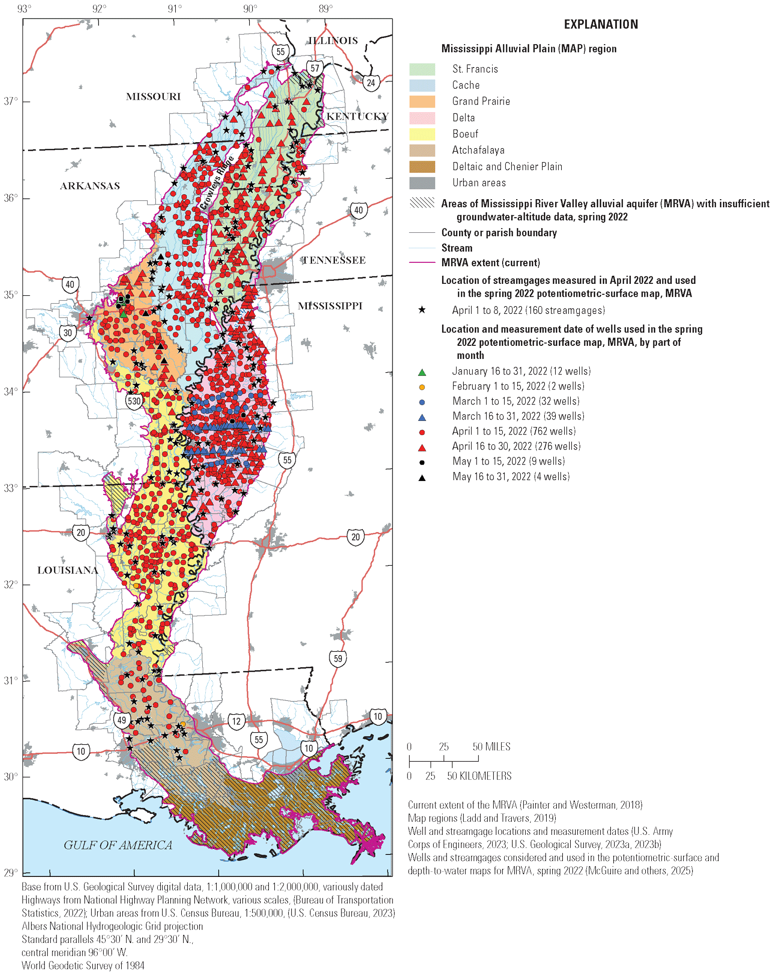 MRVA wells, by part of measurement month, and streamgages used to create the MRVA
potentiometric-surface map, spring 2022