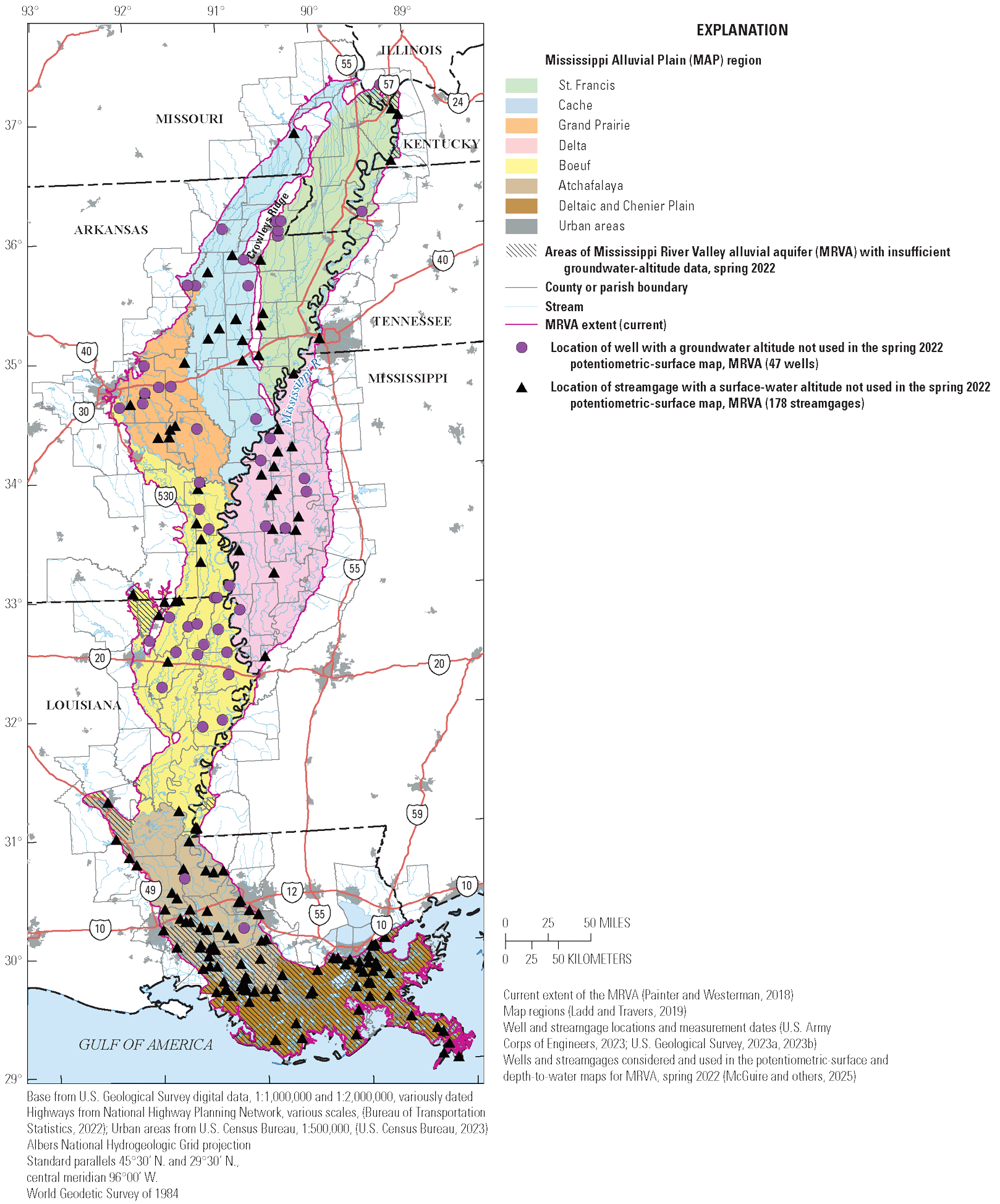 MRVA wells and streamgages not used to create the MRVA potentiometric-surface map,
spring 2022.