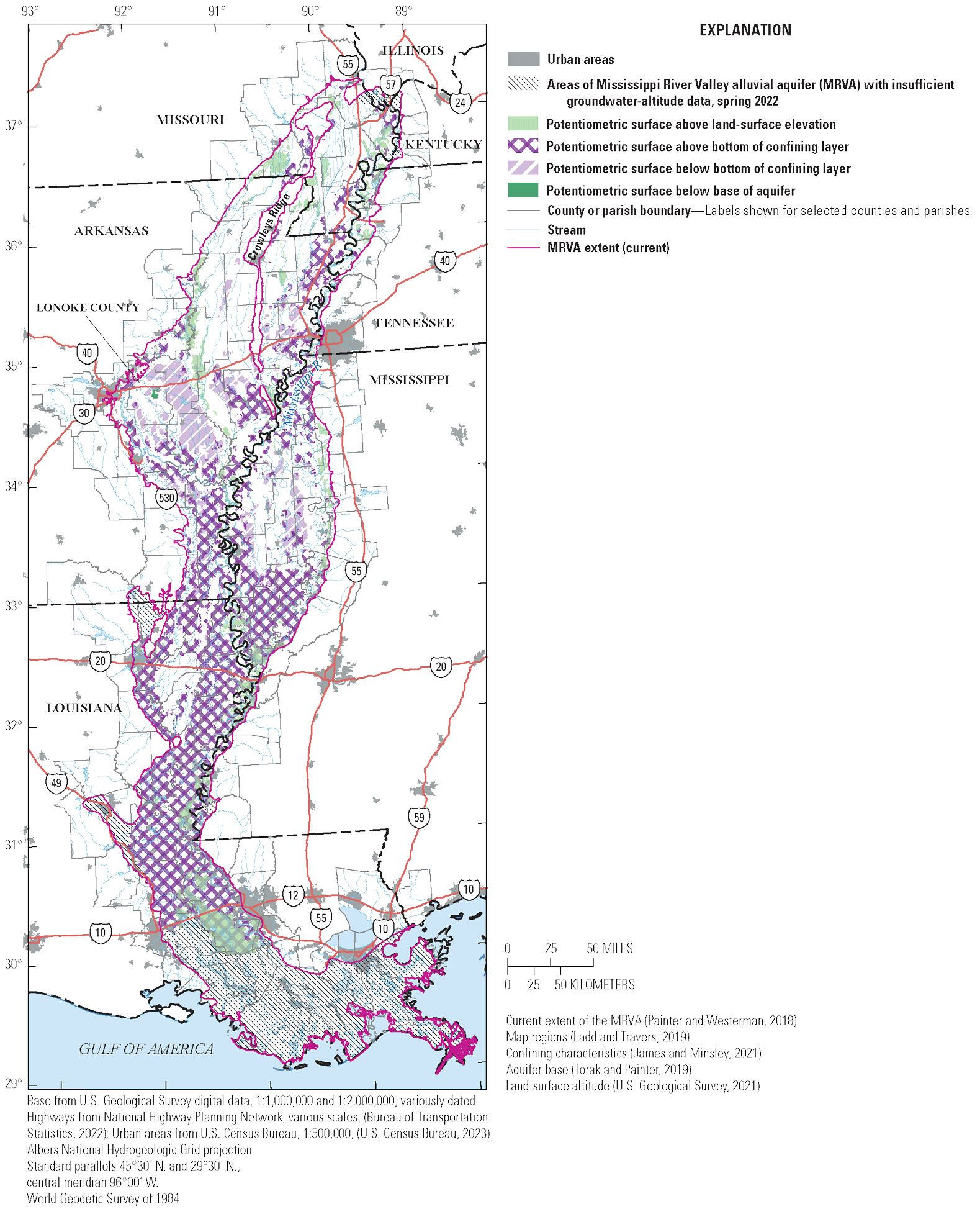 Comparison of the MRVA’s potentiometric surface with land surface, confining layers,
and aquifer base.