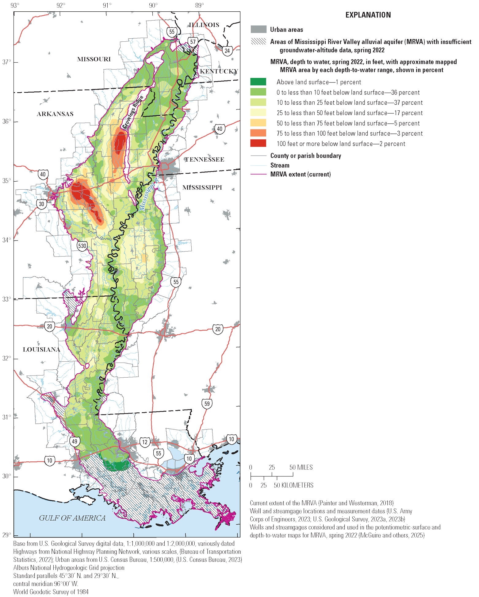 Depth to water, Mississippi River Valley alluvial aquifer, spring 2022.