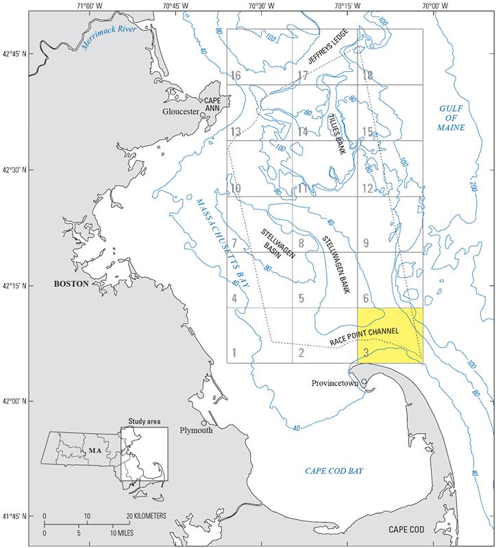 Quadrangle 3 includes parts of Stellwagen Bank, the Ninety Meter Banks, and Race Point
                     Channel.