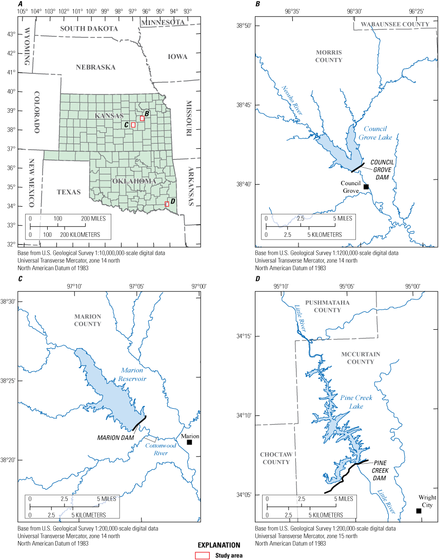 Two lakes in the study are in east-central Kansas and the third is in southeast Oklahoma.