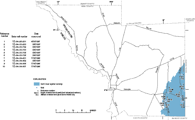 Figure 11. Map showing extent of the Gulf Coast aquifer outcrop and depth of water level in wells, 1996–97.