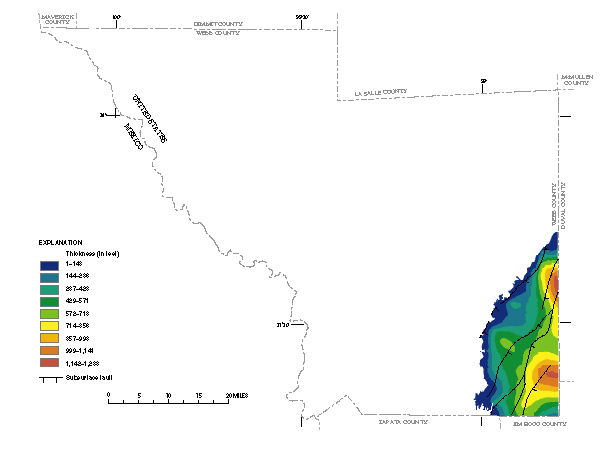 Figure 13. Map showing thickness of the Gulf Coast aquifer.