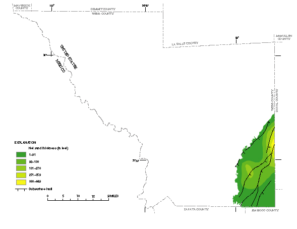 Figure 14. Map showing net sand thickness of the Gulf Coast aquifer.