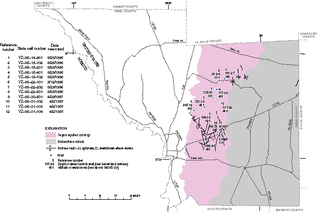 Figure 22. Map showing extent of the Yegua aquifer outcrop, subsurface extent of the aquifer, and depth of water level in wells, 1996–97.