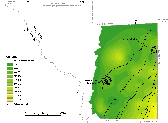 Figure 25. Map showing net sand thickness of the Yegua aquifer.