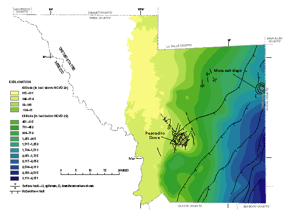 Figure 27. Map showing altitude of the top of the Laredo aquifer.