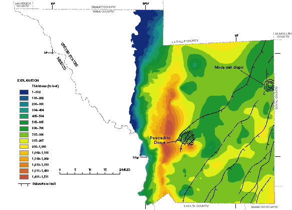 Figure 28. Map showing thickness of the Laredo aquifer.