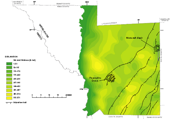 Figure 29. Map showing net sand thickness of the Laredo aquifer.