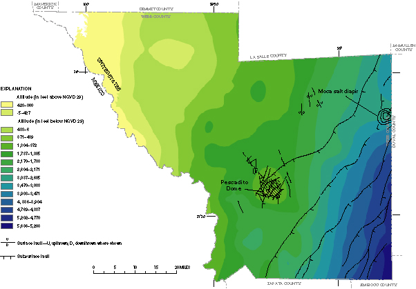 Figure 35. Map showing altitude of the top of the Queen City-Bigford aquifer.