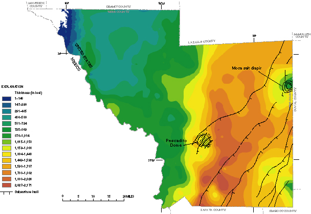 Figure 36. Map showing thickness of the Queen City-Bigford aquifer.