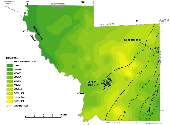 Figure 37. Map showing net sand thickness of the Queen City-Bigford aquifer.