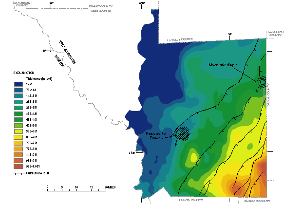 Figure 39. Map showing thickness of the Reklaw confining unit.