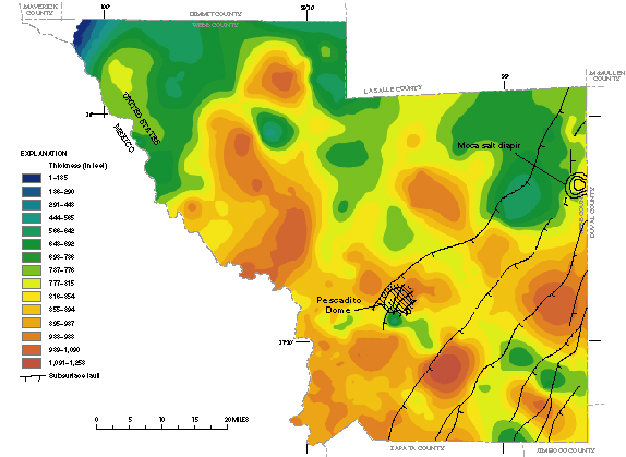 Figure 42. Map showing thickness of the Carrizo aquifer.