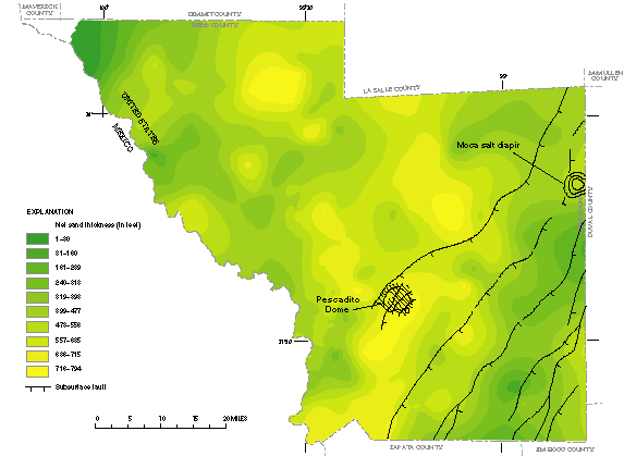 Figure 43. Map showing net sand thickness of the Carrizo aquifer.