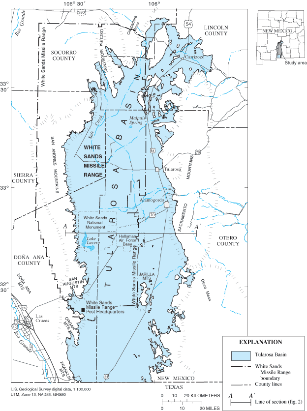 Figure 1. Location of the Tularosa geologic basin and study area.