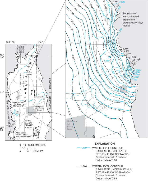 Figure 24. Contours of simulated water levels in the uppermost active model cells for the well-calibrated area of the ground-water-flow model for 1995 under the zero and maximum return-flow scenarios.