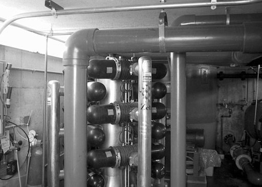 View of the first pressurized stormwater filtration system unit (disk-filter tower)