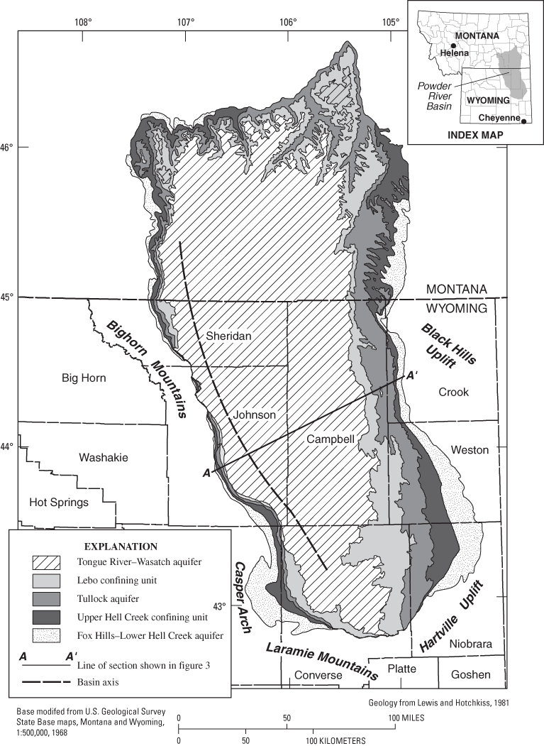 Figure 1.Hydrogeologic units of the Powder River structural basin in Wyoming and Montana.