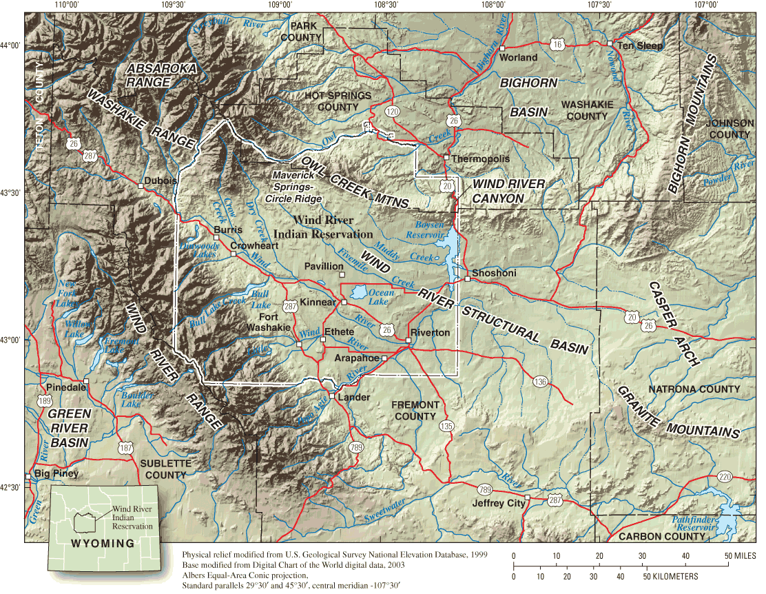 Figure 1. Location of physiographic features in and near the Wind River Indian Reservation, Wyoming.