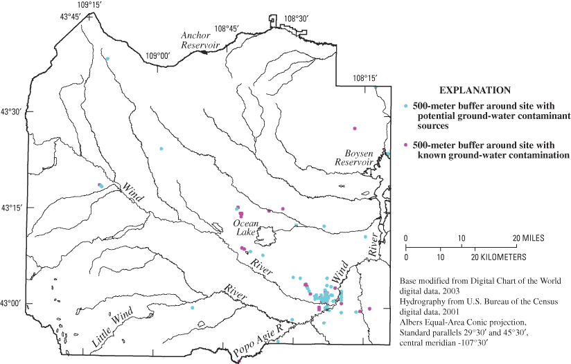 Figure 9. Sites with potential ground-water contaminant sources and sites with known ground-water contamination on the Wind River Indian Reservation, Wyoming (modified from Wyoming Department of Environmental Quality, 1998).